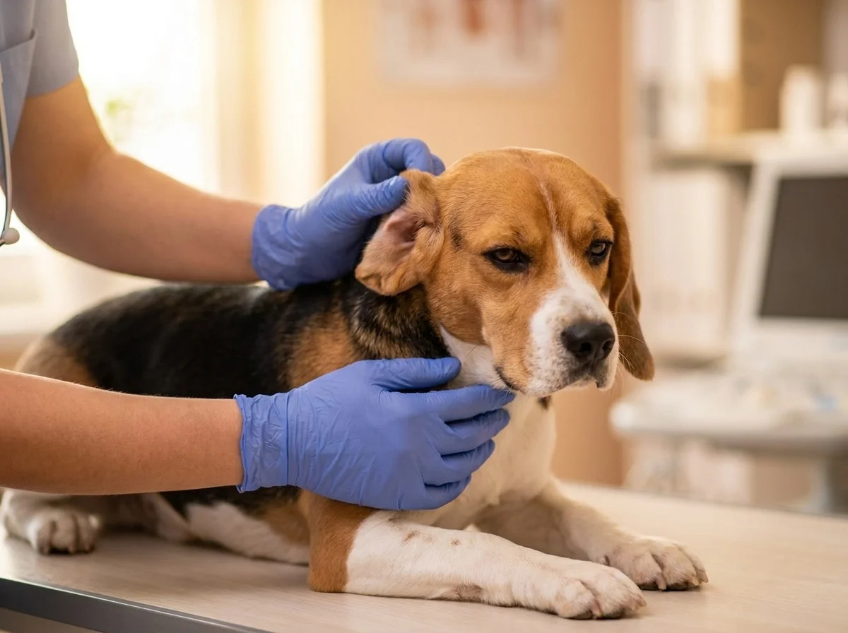 Beagle bei tierärztlicher Untersuchung