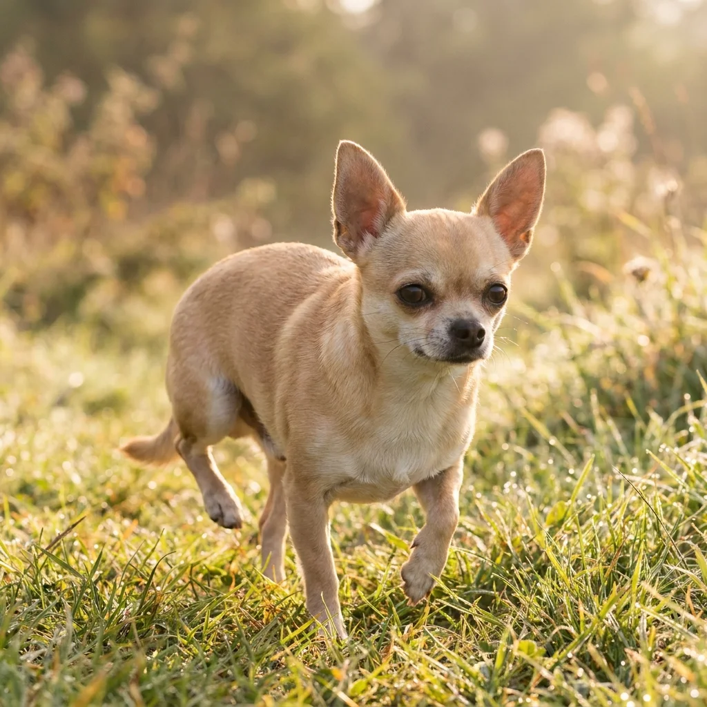 Chihuahua Im Laufen hüpft er kurz auf drei Beinen