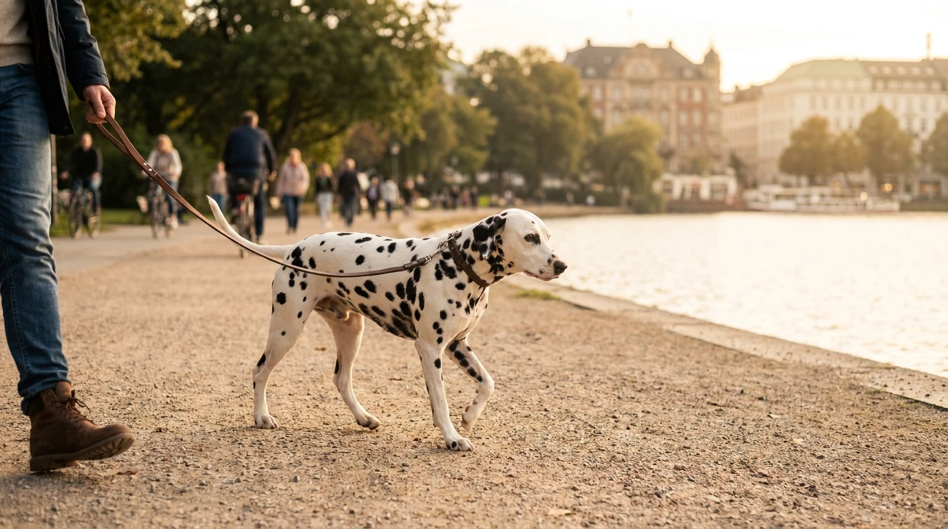 Hund mit Halter in der Stadt