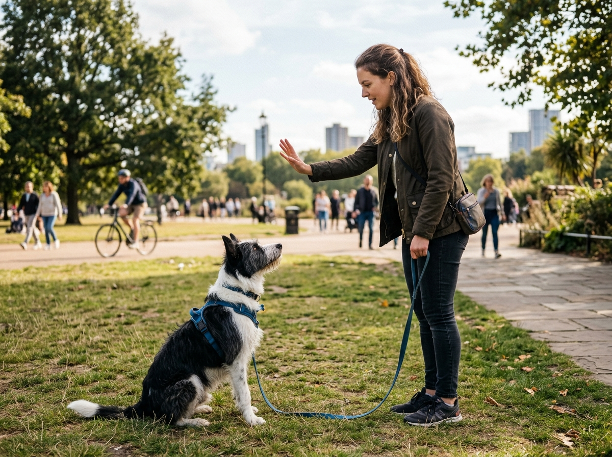 Hund beim Training in der Stadt