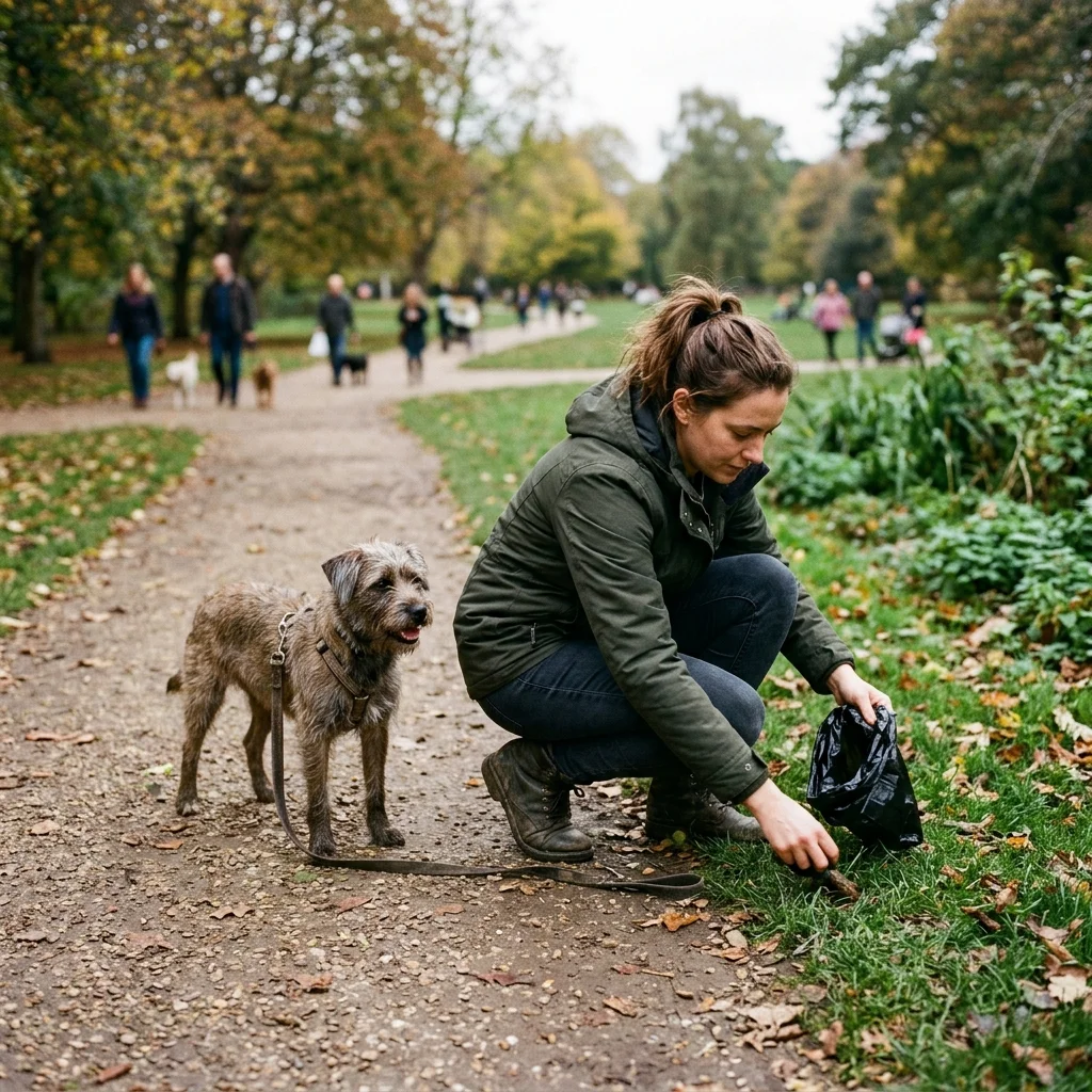 Hundehalter mit Kotbeutel im Park