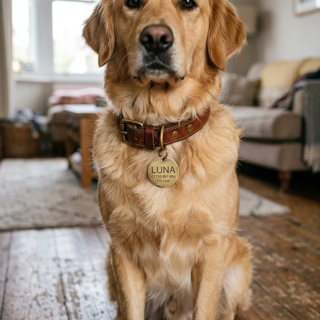 Hund mit graviertem Anhänger am Halsband