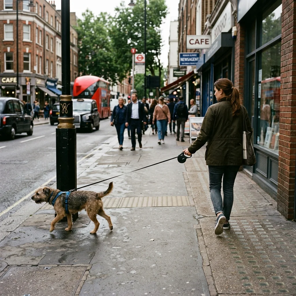 Hund an Rollleine in der Stadt