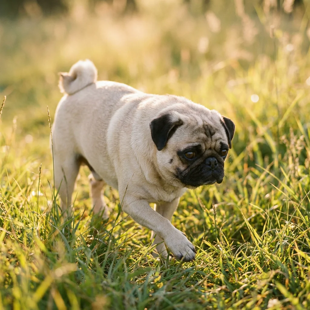 Mops Das Auge tränt, er kneift es zu
