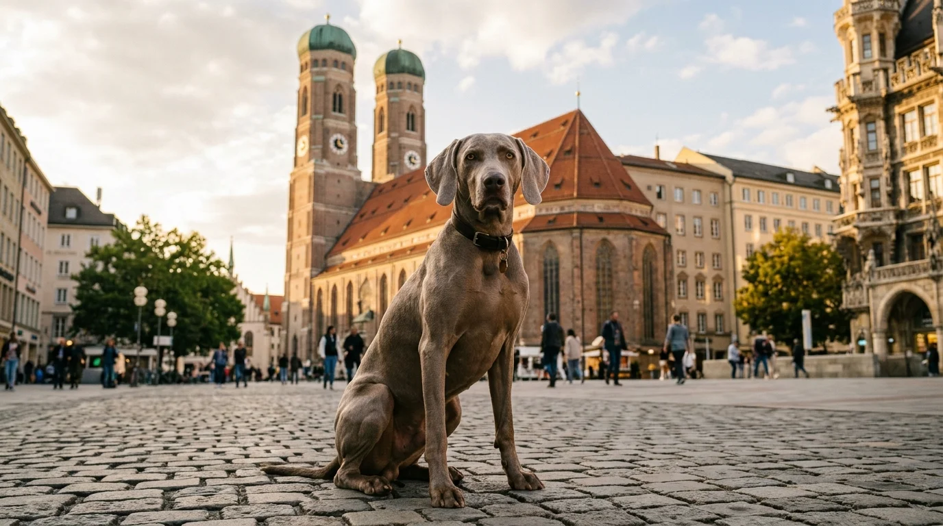 Hund vor einem Wahrzeichen in der Stadt