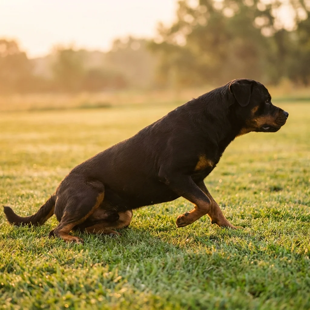 Rottweiler Nach dem Liegen kommt er schwer hoch