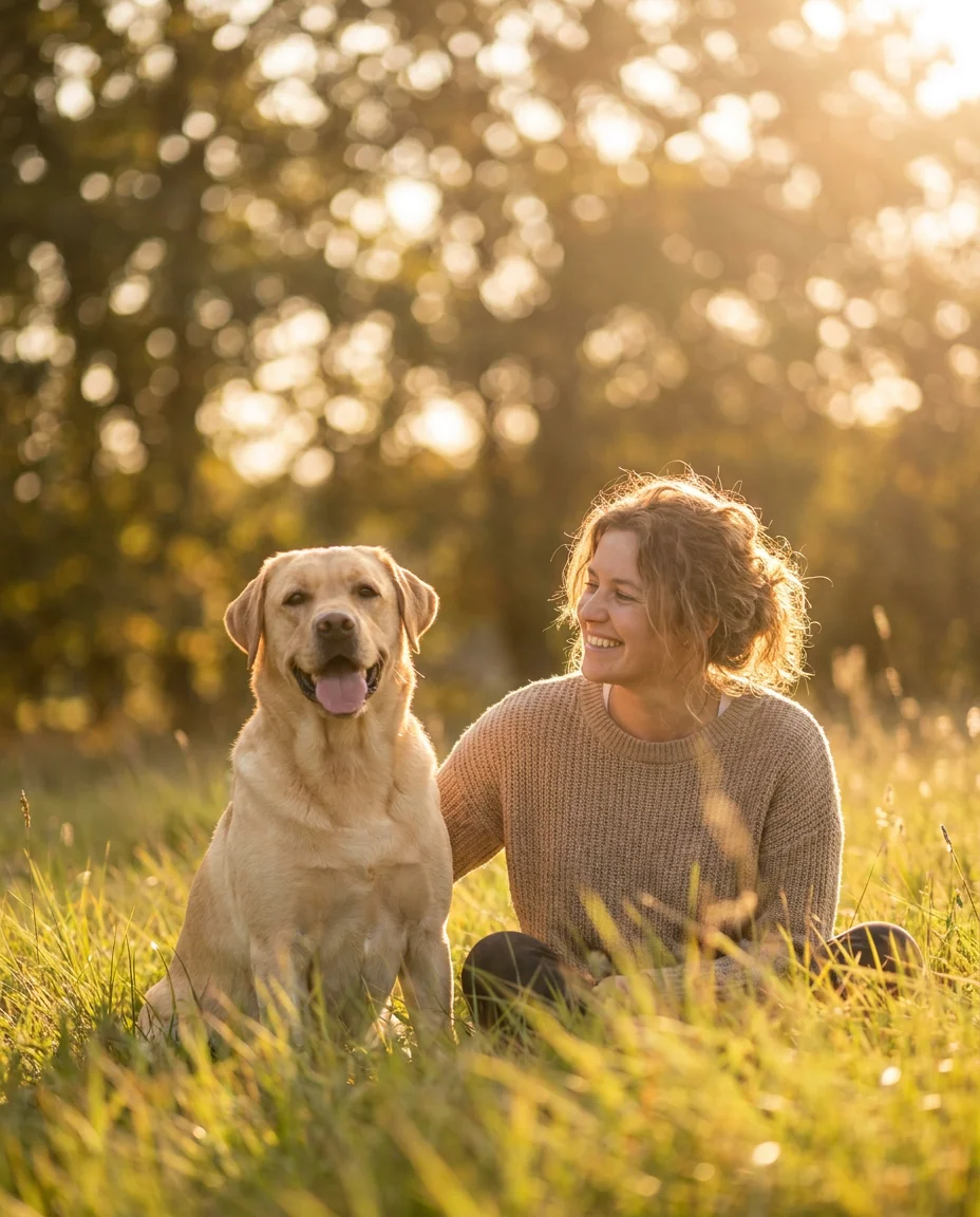 Hund mit Besitzerin im Freien