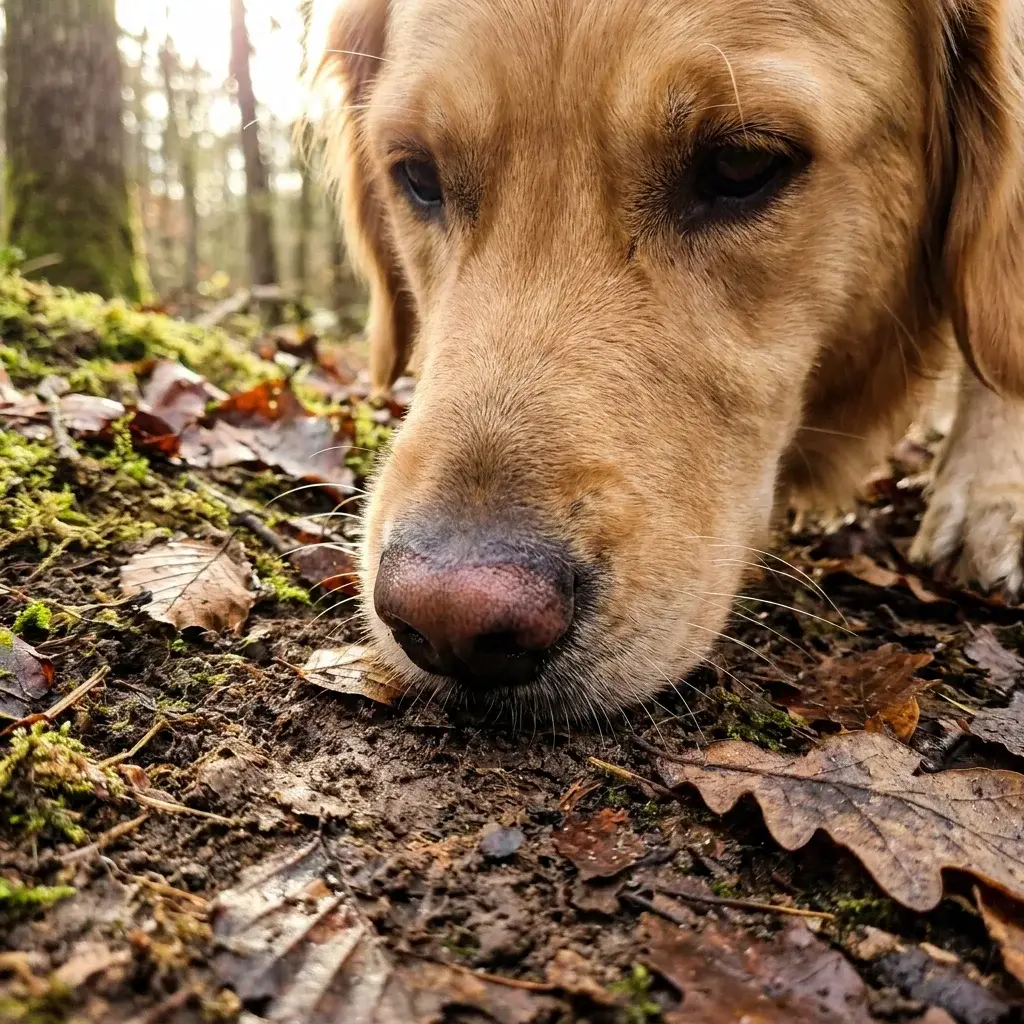 Hund schnueffelt am Boden