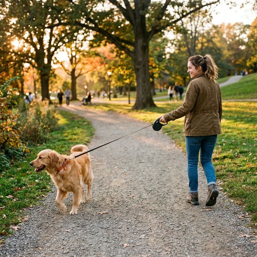 Hund an ausgerollter Rollleine beim Spaziergang