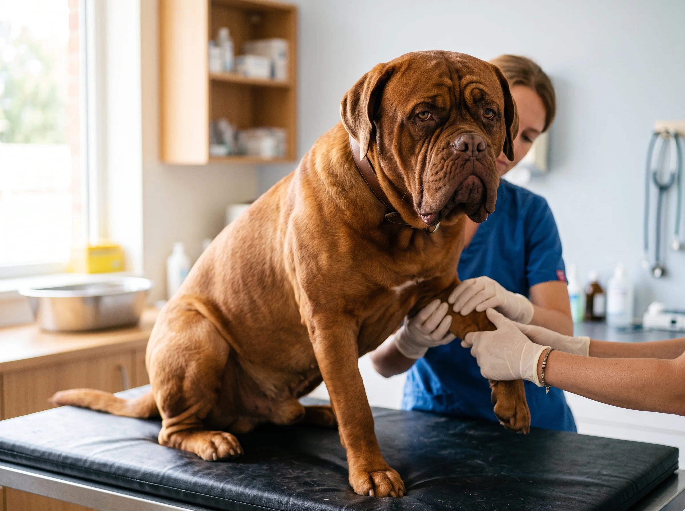 Bordeauxdogge bei tierärztlicher Untersuchung