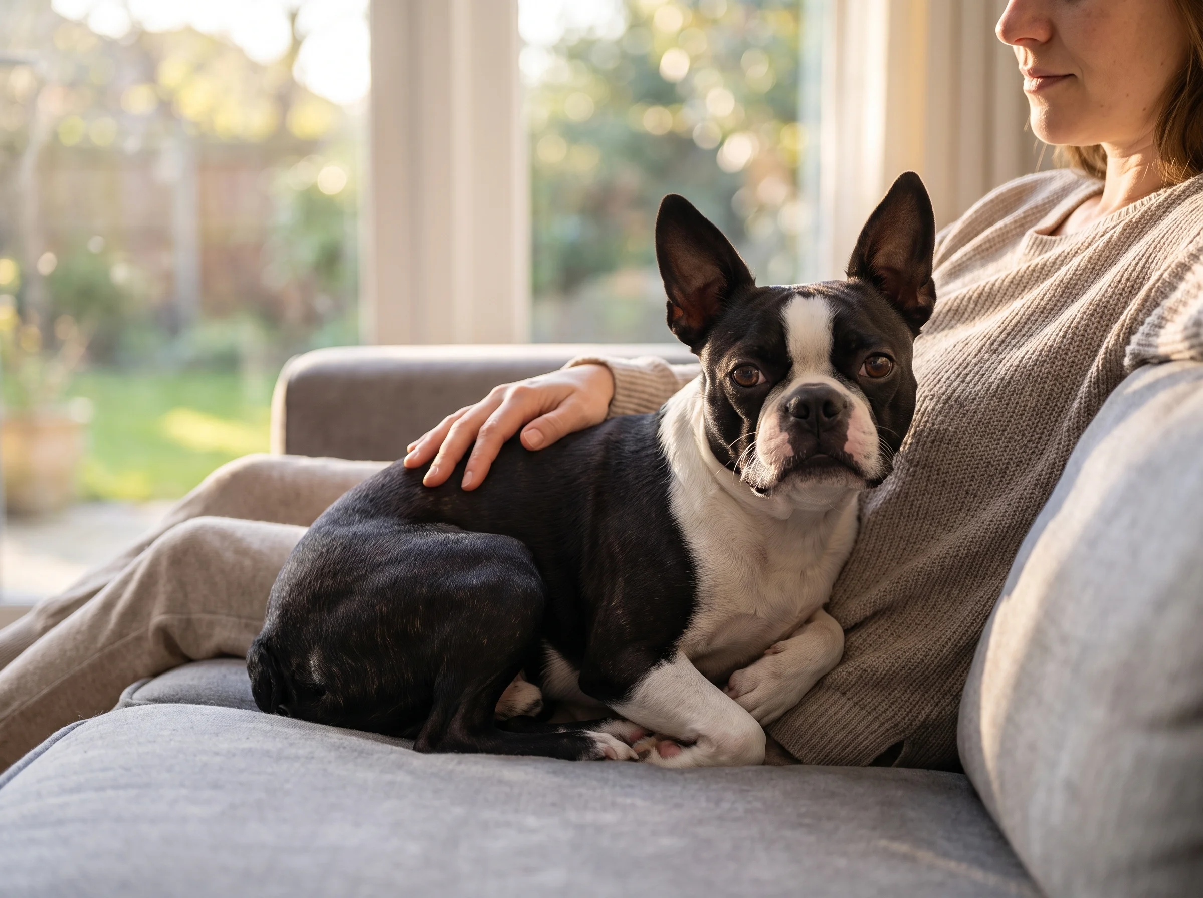Boston Terrier mit Besitzer