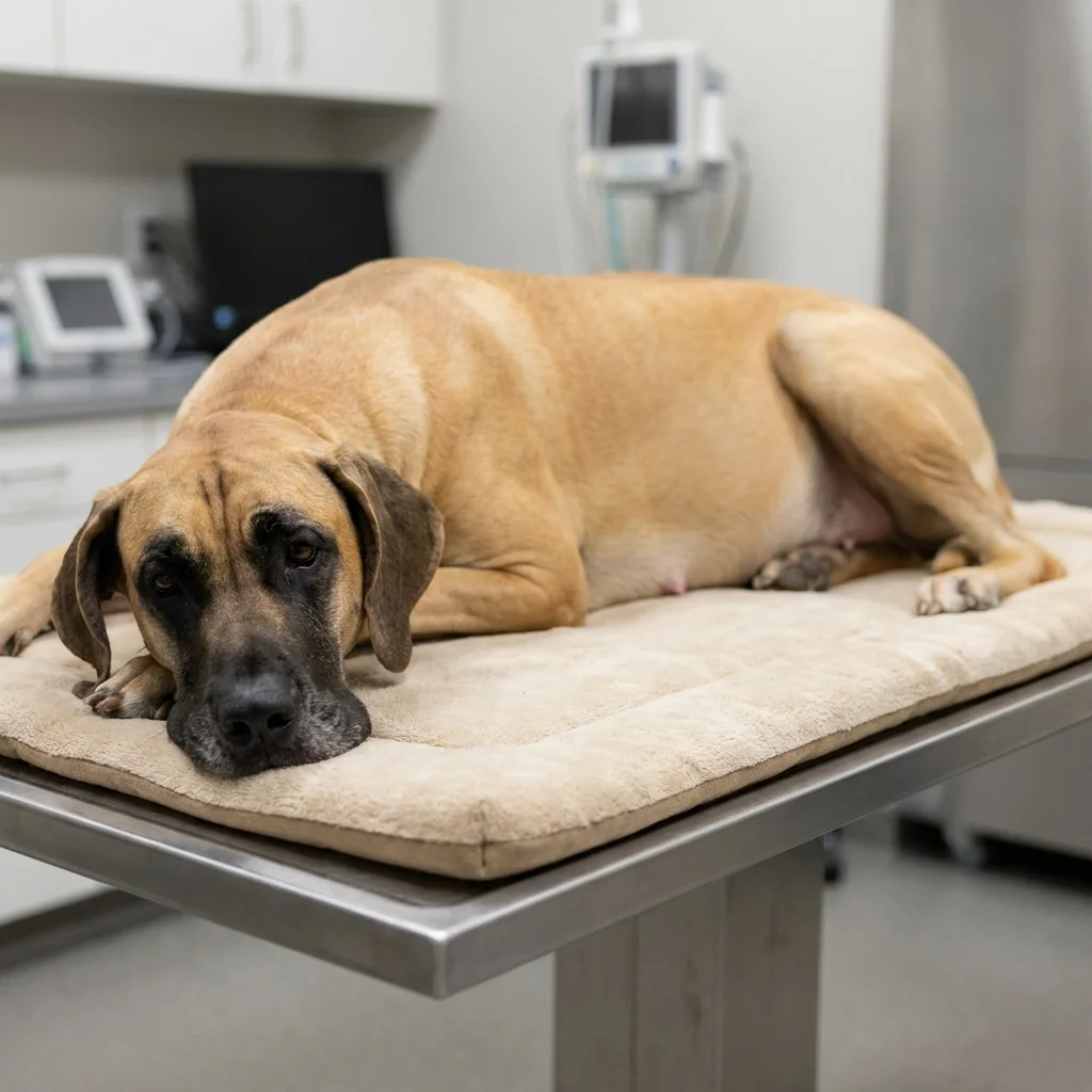 Deutsche Dogge Ihr Bauch bläht sich auf