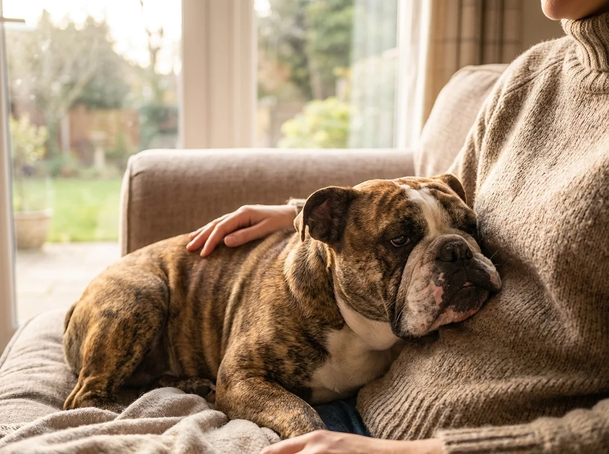 Englische Bulldogge mit Besitzer