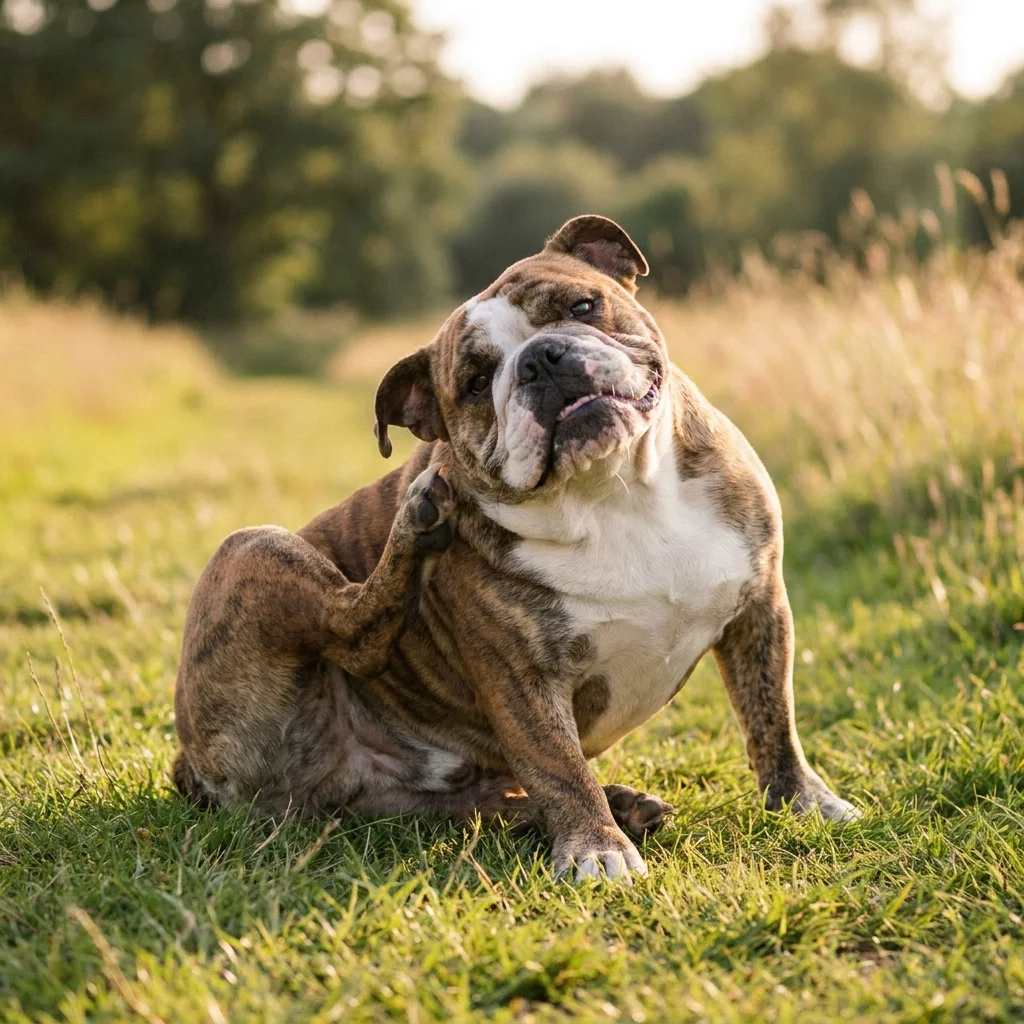 Englische Bulldogge In den Falten brennt es