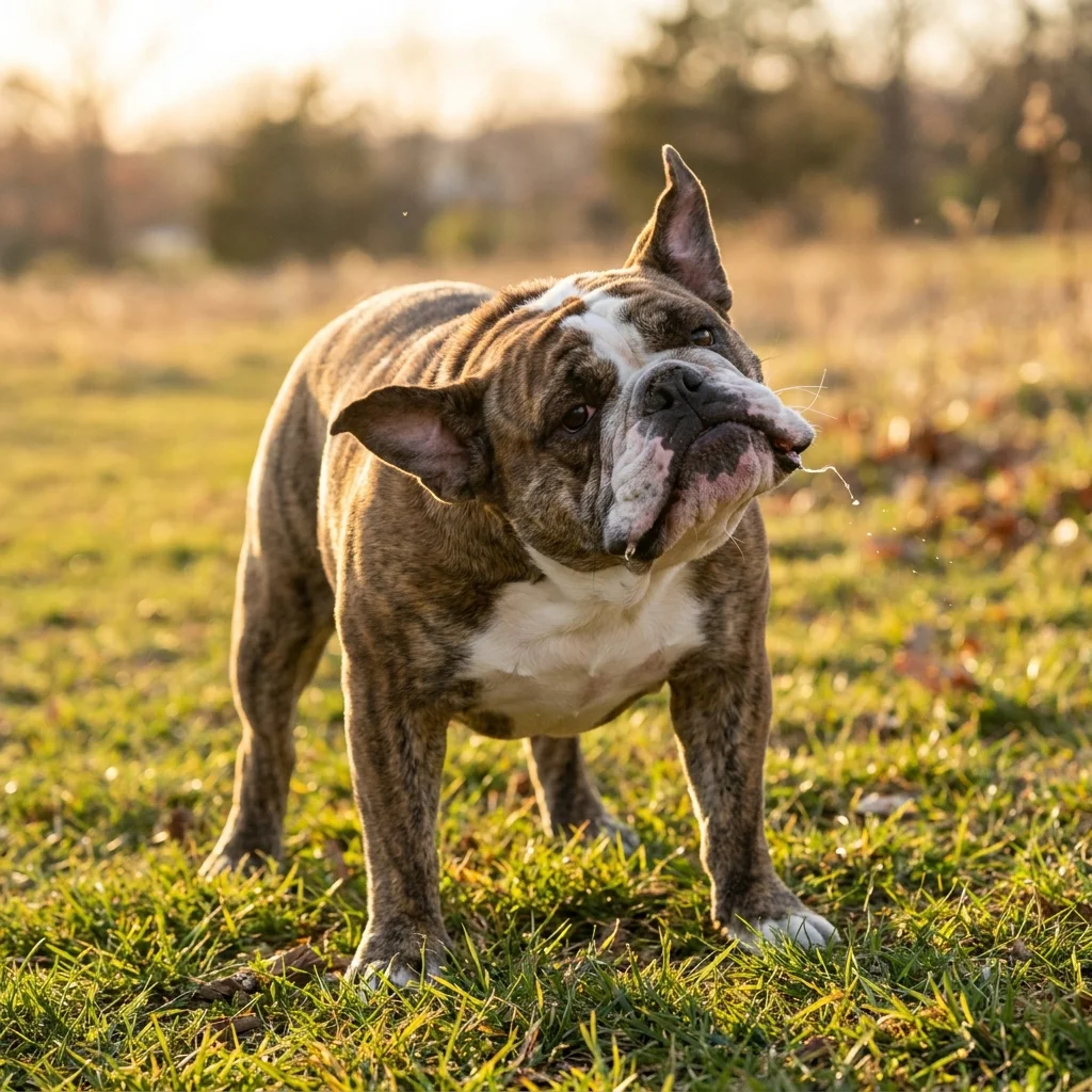 Englische Bulldogge Eine Kirsche im Augenwinkel