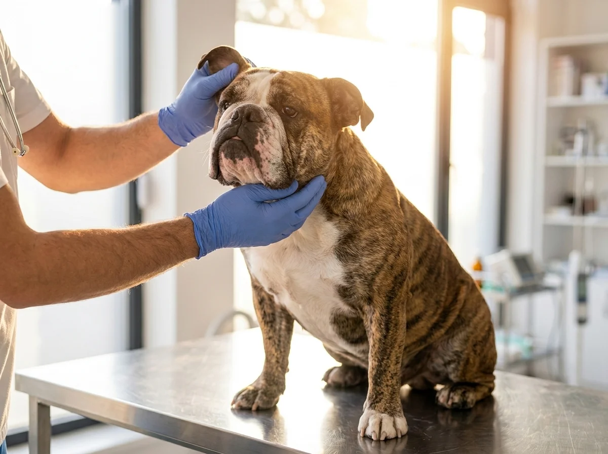 Englische Bulldogge bei tierärztlicher Untersuchung