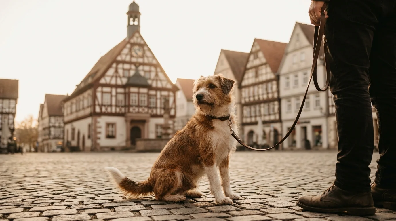 Hund sitzt vor einem Fachwerk-Rathaus am Marktplatz