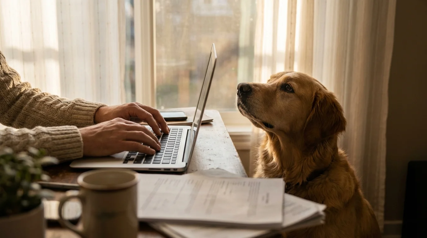 Hände am Laptop-Formular, Hund sitzt aufmerksam daneben