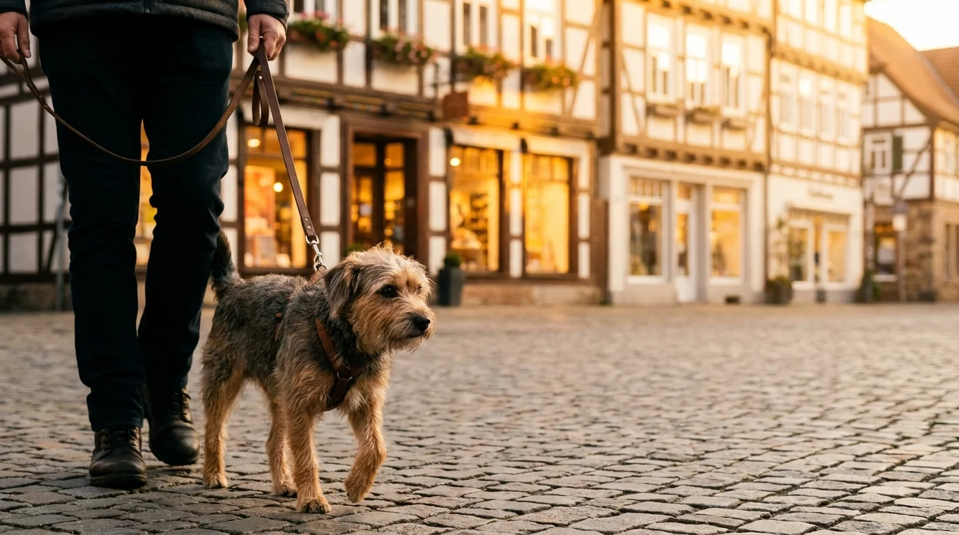 Hund läuft durch eine deutsche Fachwerk-Altstadtgasse