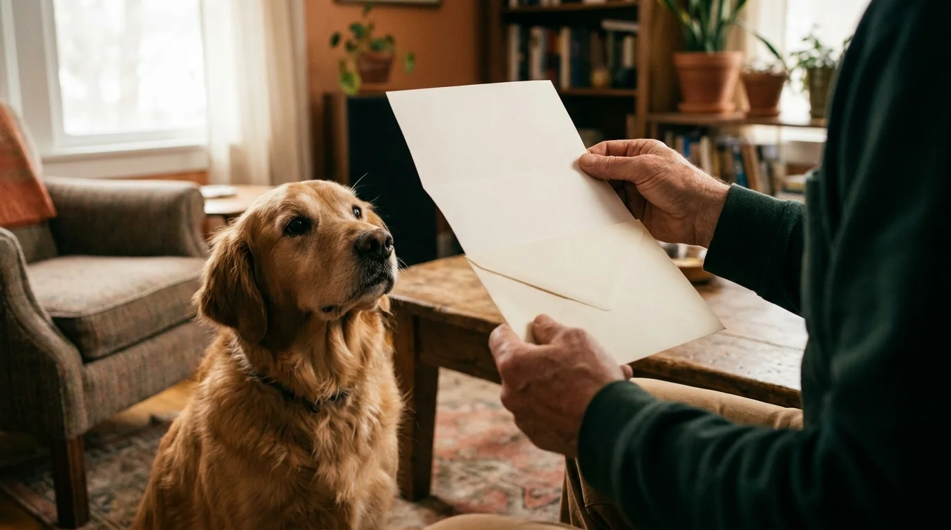 Hund schaut hoch, während ein amtlicher Brief gelesen wird