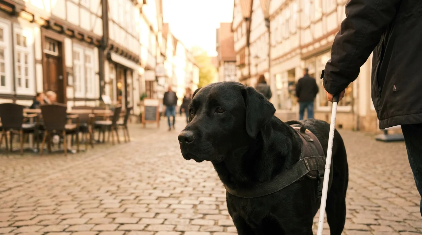 Schwarzer Labrador als Blindenführhund in einer Altstadt