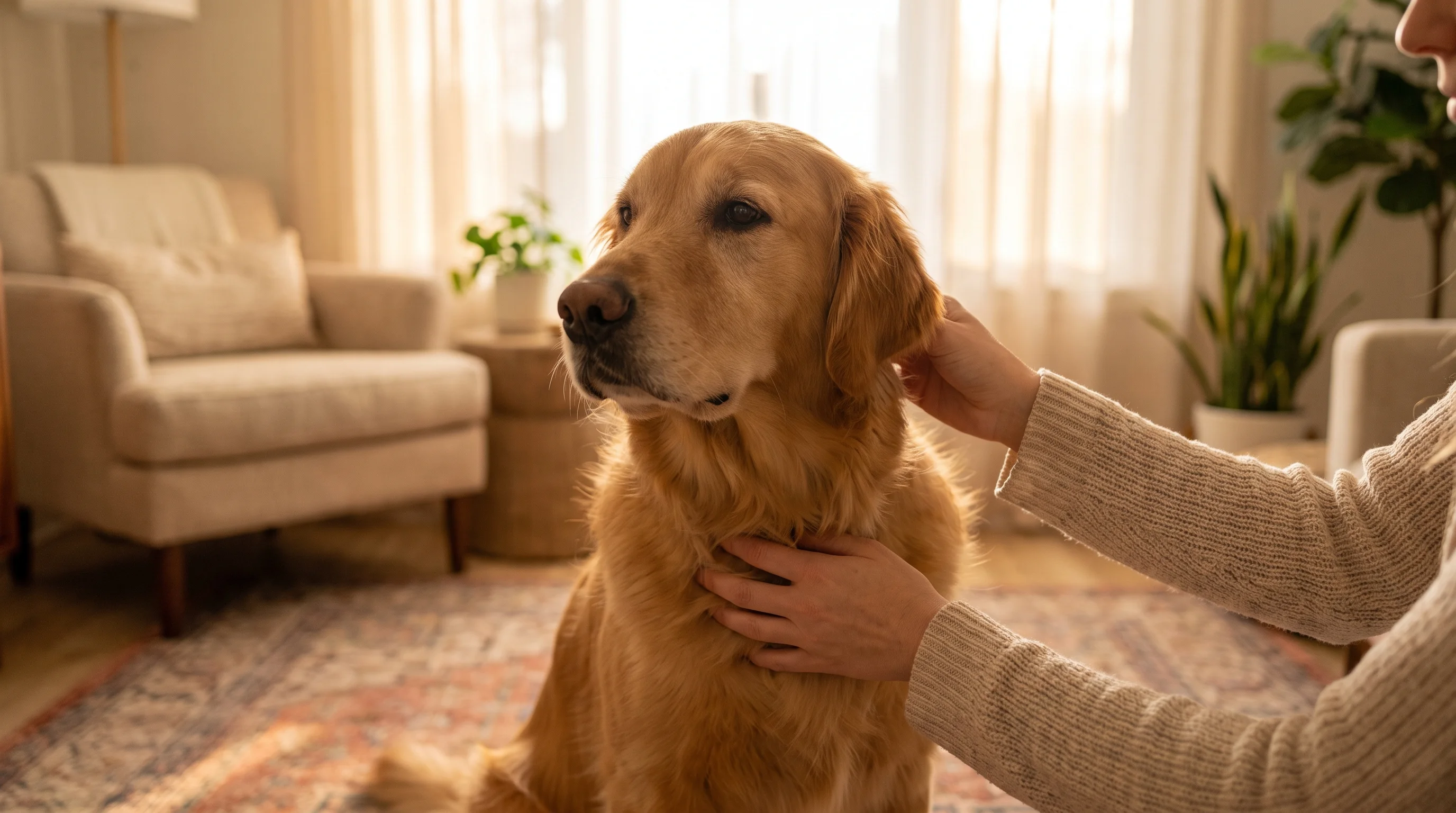 Hund wird zu Hause sanft untersucht, nur Hände sichtbar
