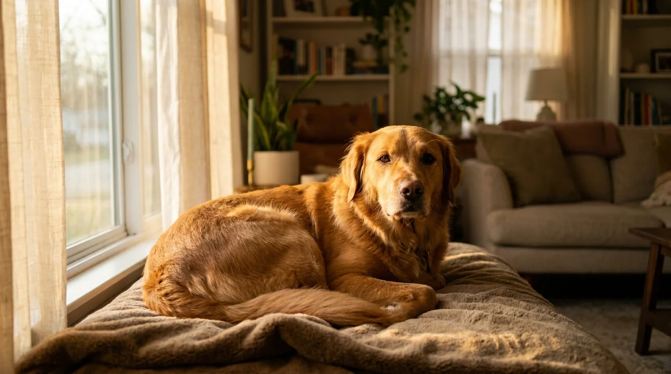 Entspannter Hund am Fenster in warmem Licht