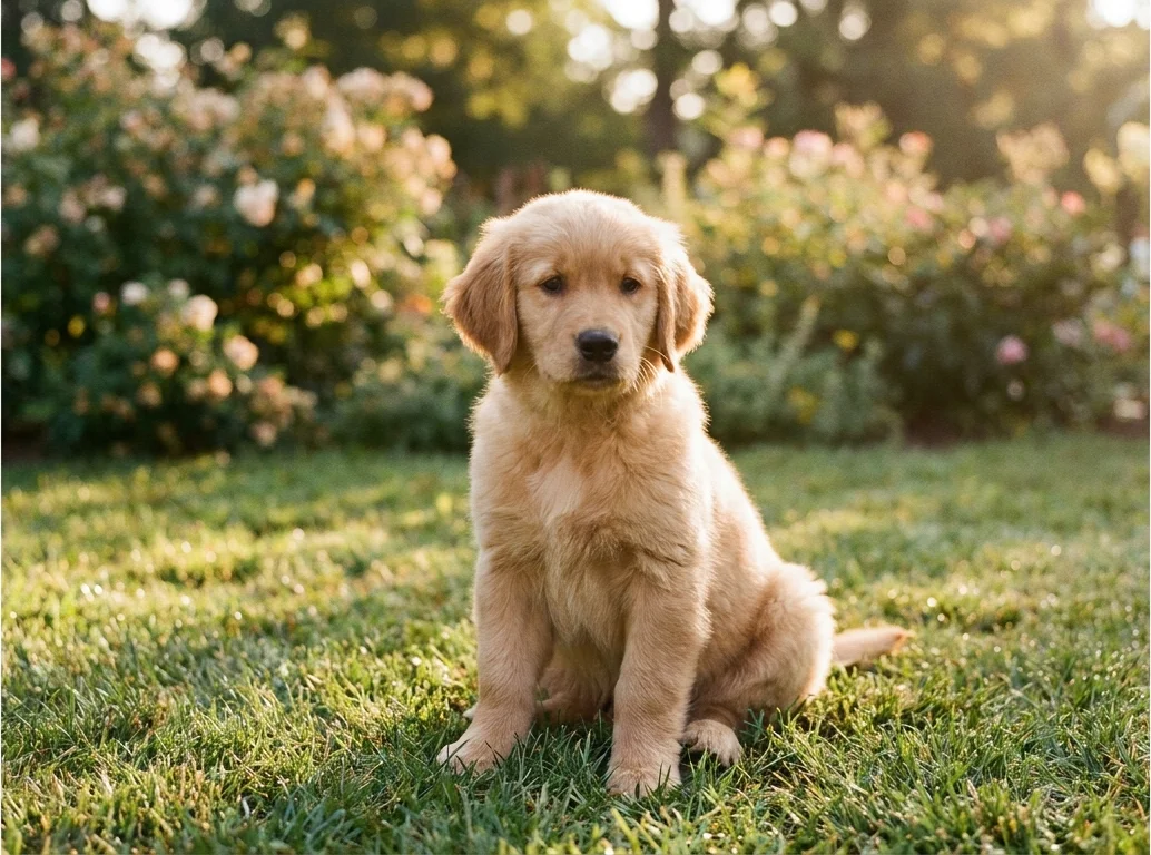 Golden-Retriever-Welpe sitzt im sonnigen Garten