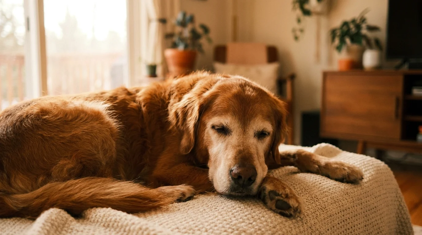 Älterer Hund ruht entspannt auf einer Decke zu Hause