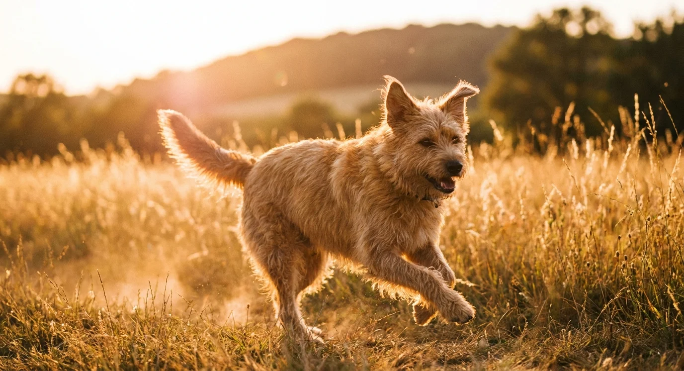 Junger Hund rennt durch eine goldene Wiese