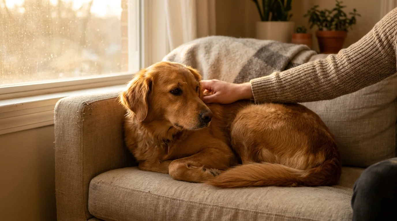 Hund liegt auf dem Sofa, eine Hand streichelt ihn