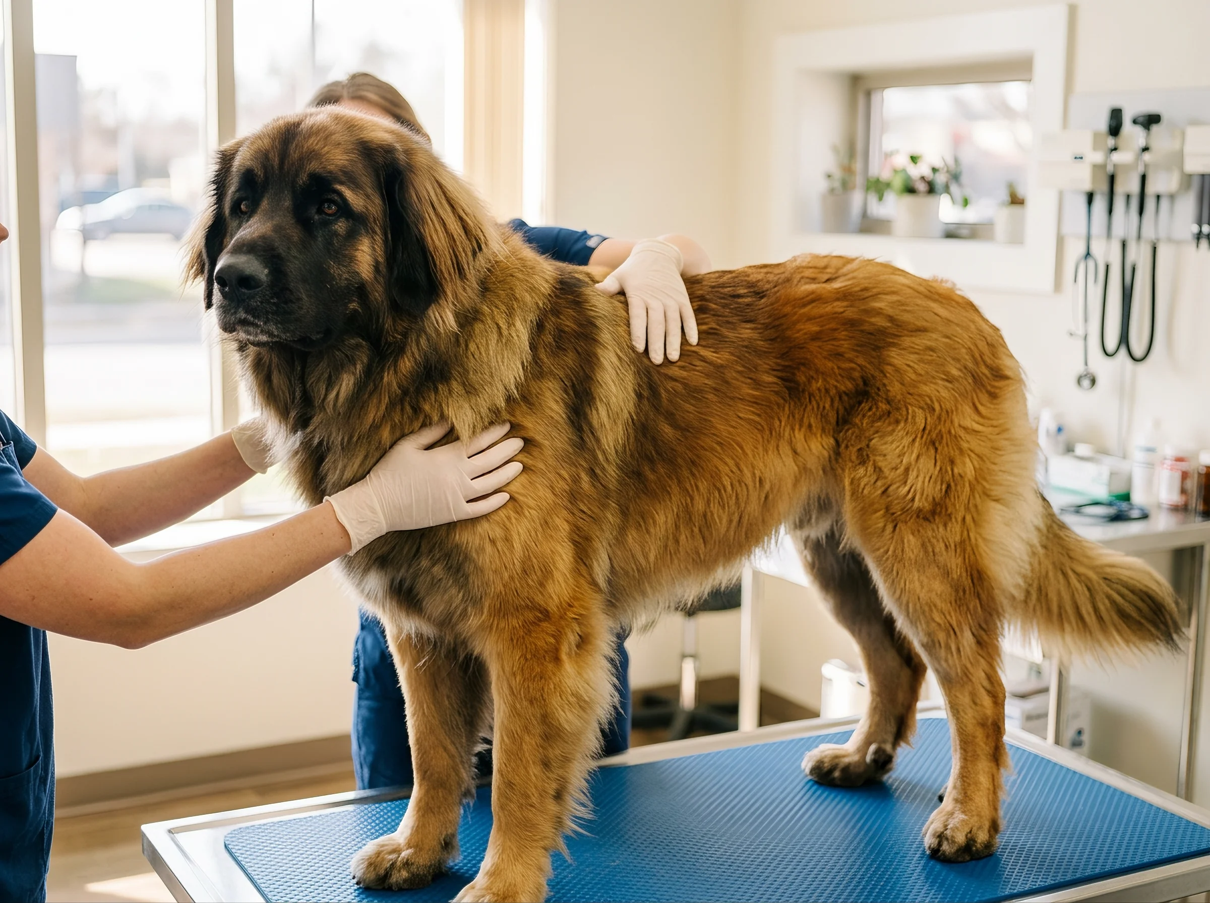 Leonberger bei tierärztlicher Untersuchung