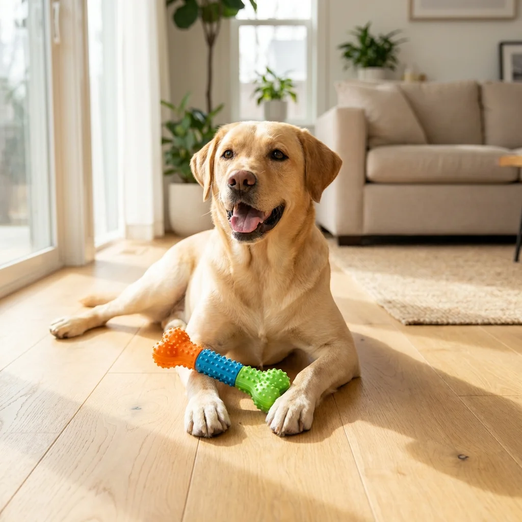 Labrador spielt mit Kauspielzeug