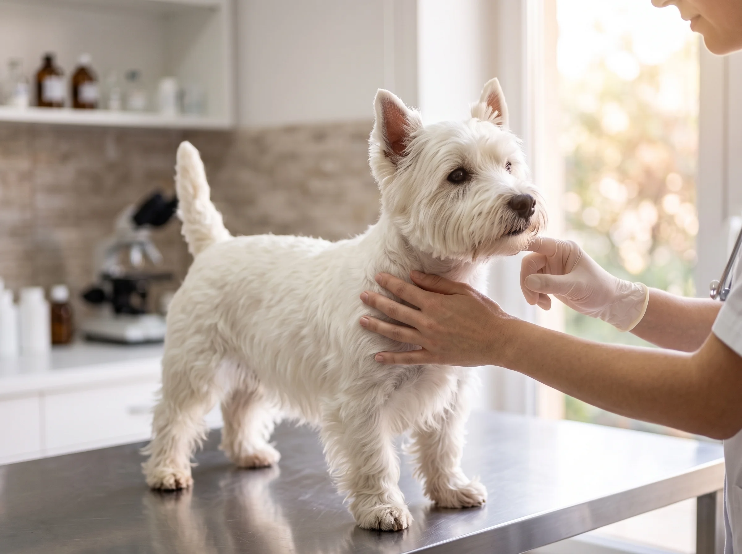 West Highland White Terrier bei tierärztlicher Untersuchung