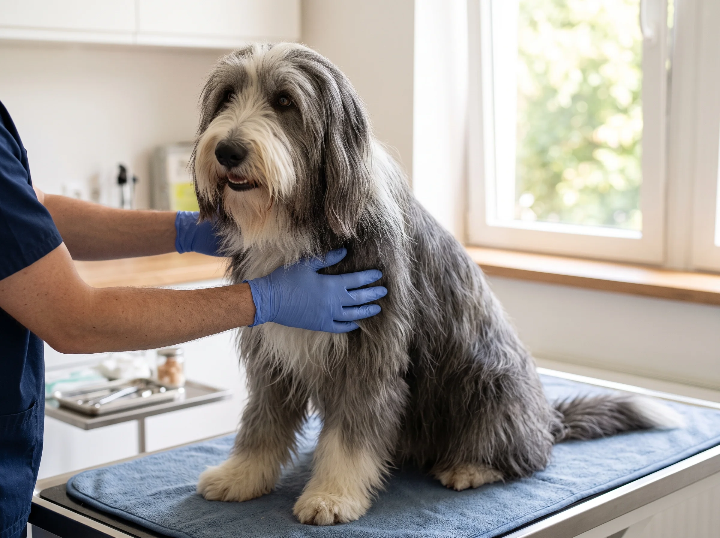 Bearded Collie bei tierärztlicher Untersuchung